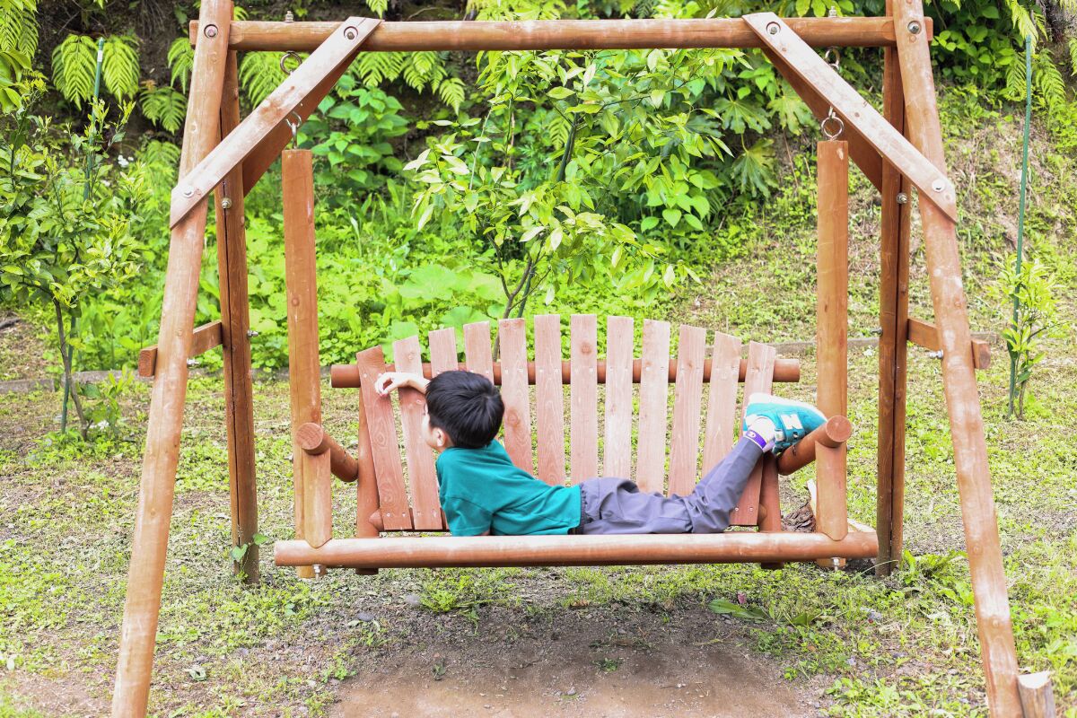 A wooden swing set in a garden with lush greenery in the background.