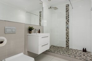 Comfort Apartment | Bathroom | Shower, hair dryer, towels, toilet paper