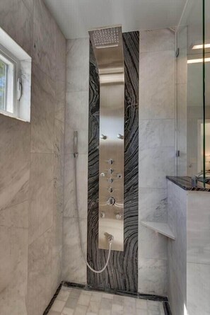 Shower, hair dryer, towels, soap