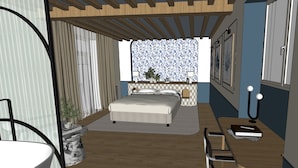 Un dormitorio con cama, mesitas de noche, un escritorio y una ventana con cortinas.