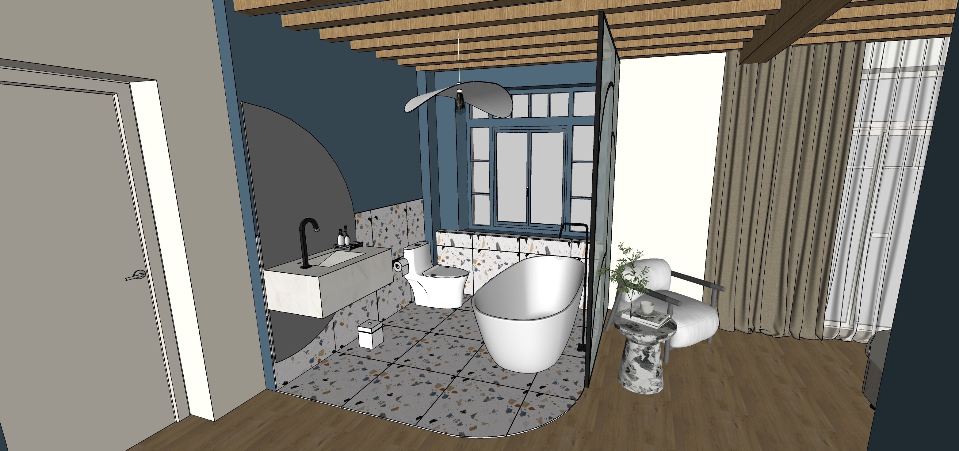 A modern bathroom with a freestanding bathtub, a sink, and a toilet.