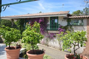 Une maison avec un toit en tuiles, des volets verts et un balcon orné de fleurs violettes.