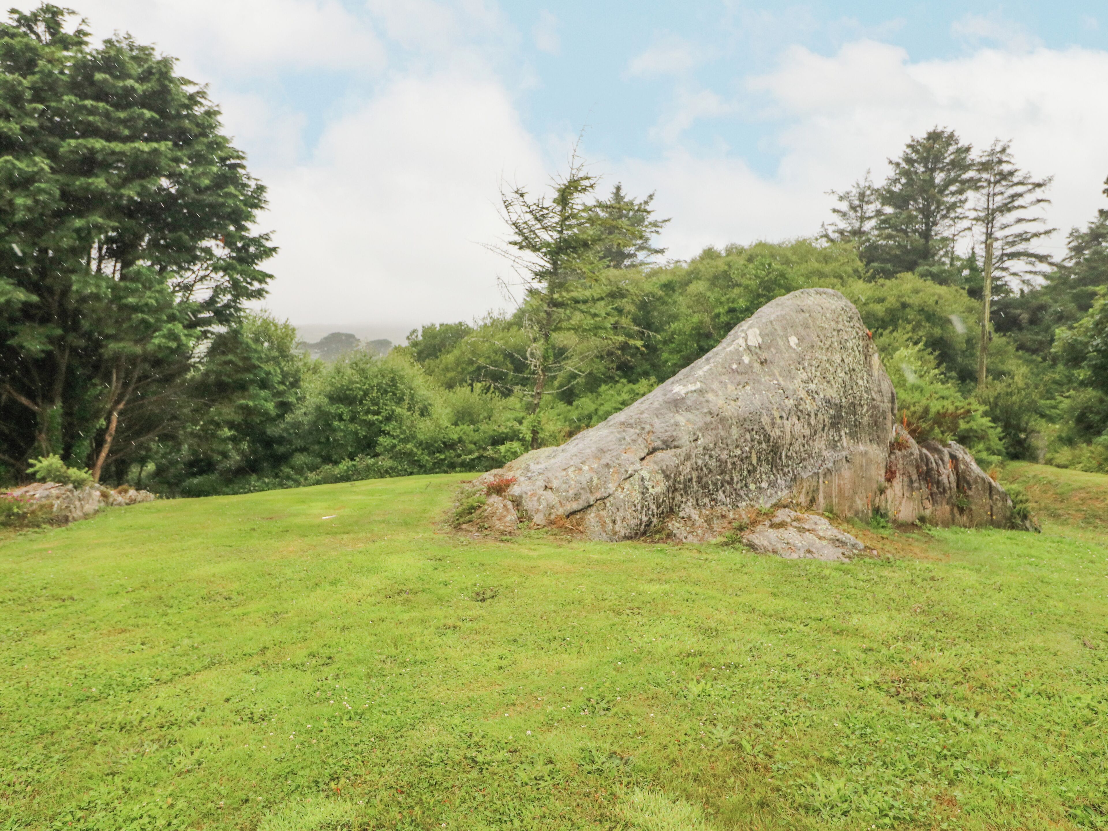 A large rock formation in a grassy field with trees in the background.