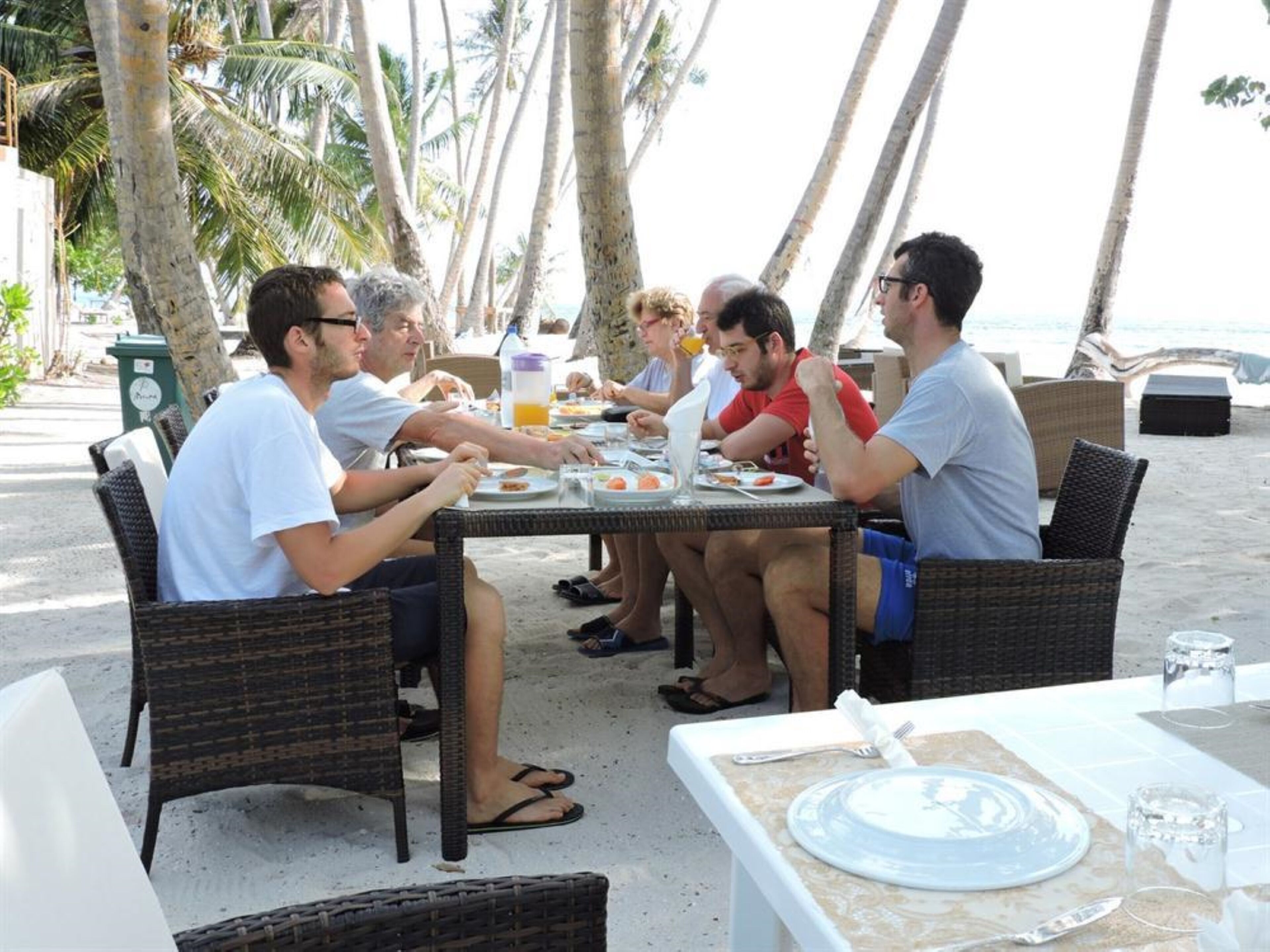 A group of people dining at an outdoor table with wicker chairs, surrounded by palm trees and a beach view.