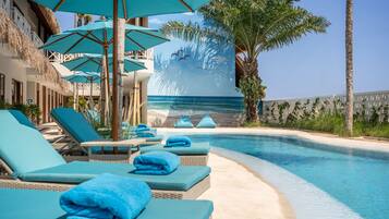 Outdoor pool, pool umbrellas, pool loungers
