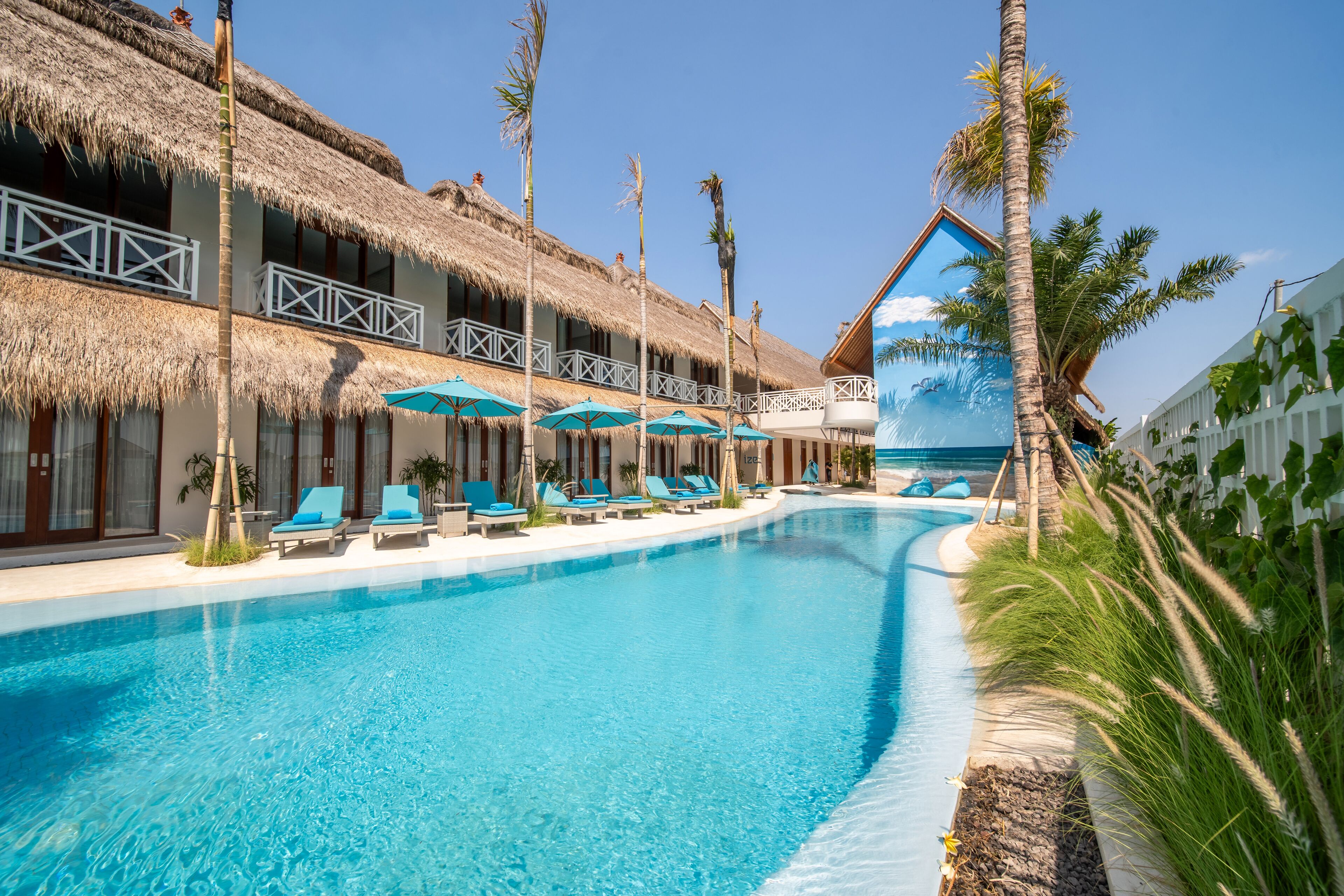 Outdoor pool, pool umbrellas, pool loungers