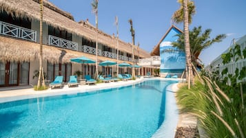 Outdoor pool, pool umbrellas, pool loungers