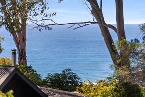 A view of a coastal landscape with a clear sky, trees, and a body of water.