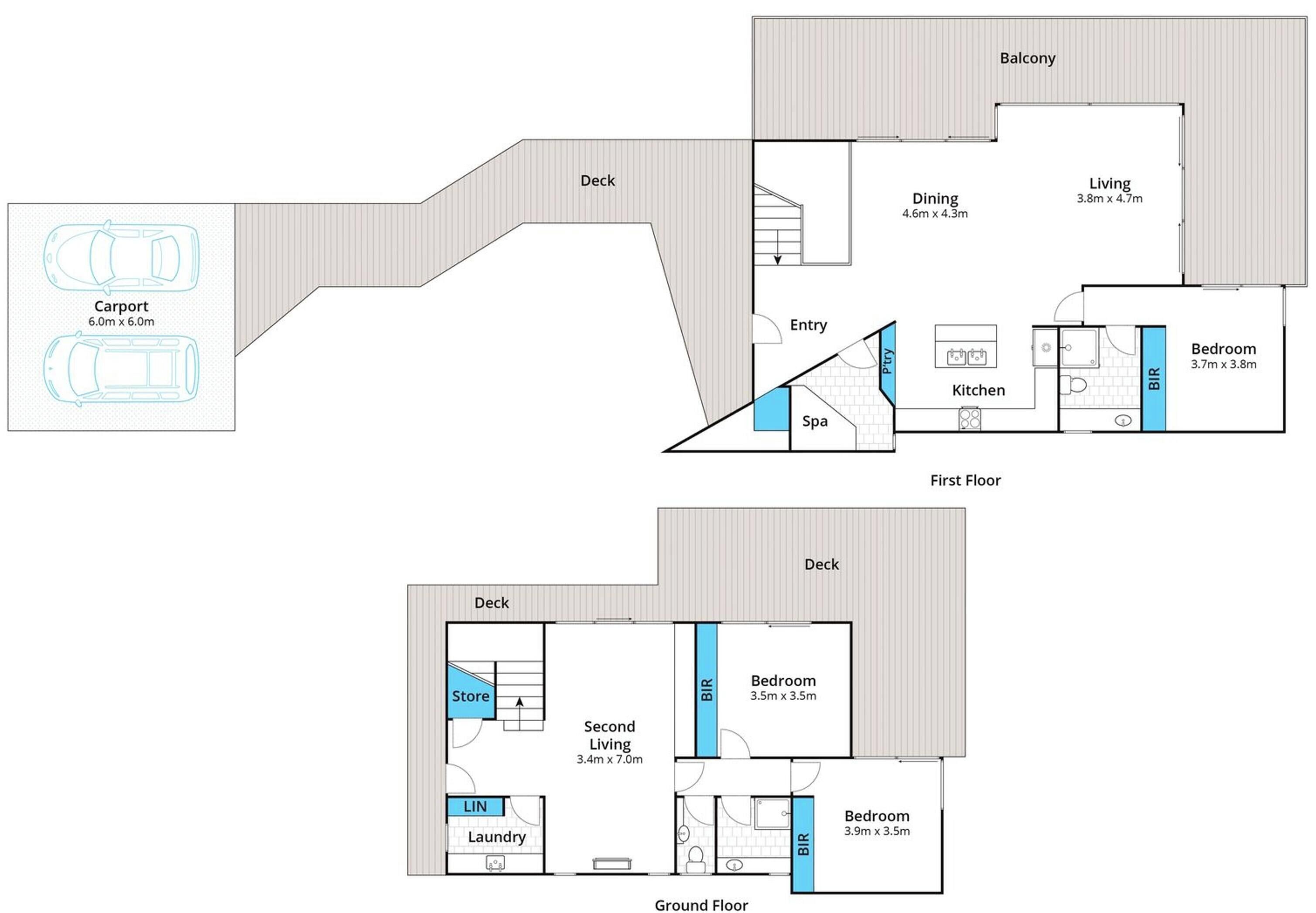 A floor plan of a hotel with a carport, deck, dining area, living room, kitchen, bathrooms, and a second living area.