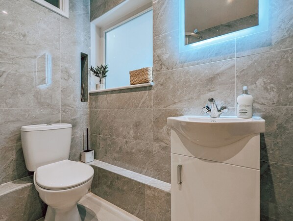 Hair dryer, towels, toilet paper
