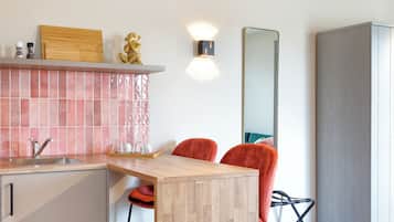 Fridge, microwave, oven, espresso maker