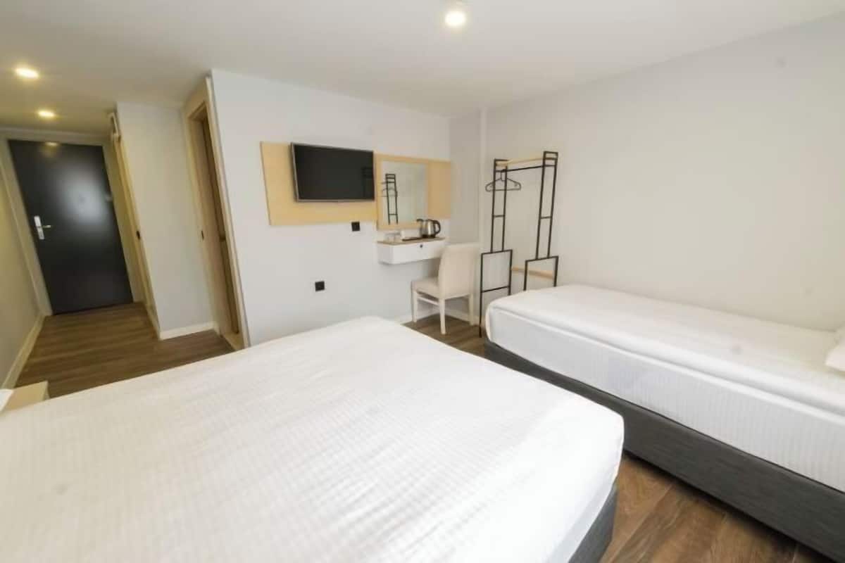 A hotel room with a bed, a desk, a chair, a TV, and a wardrobe.