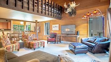 TV, fireplace, table football