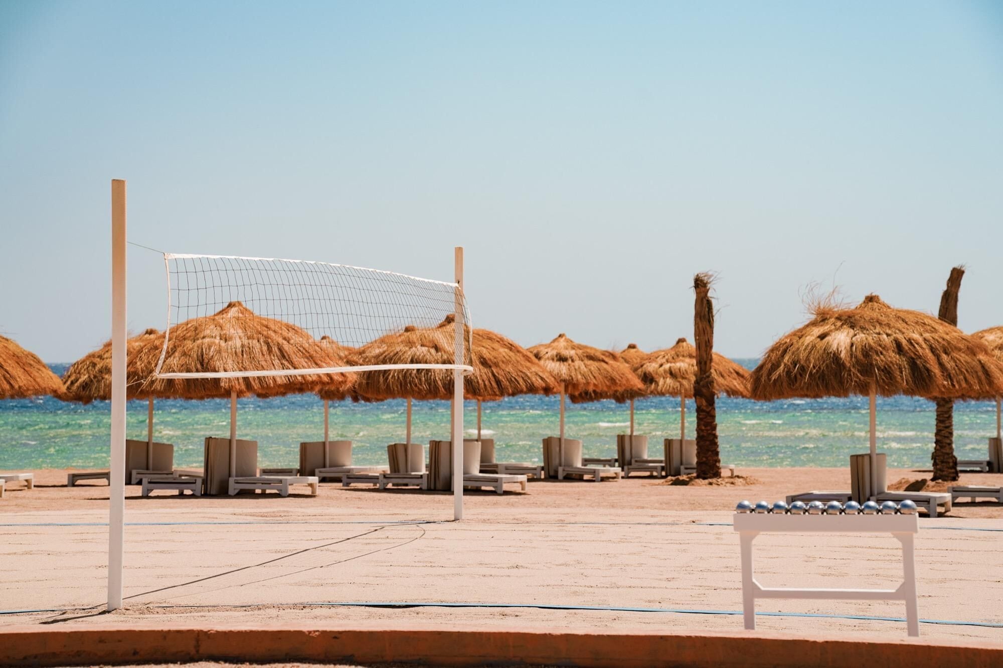 A beach volleyball court with a net, palm trees, and thatched umbrellas.