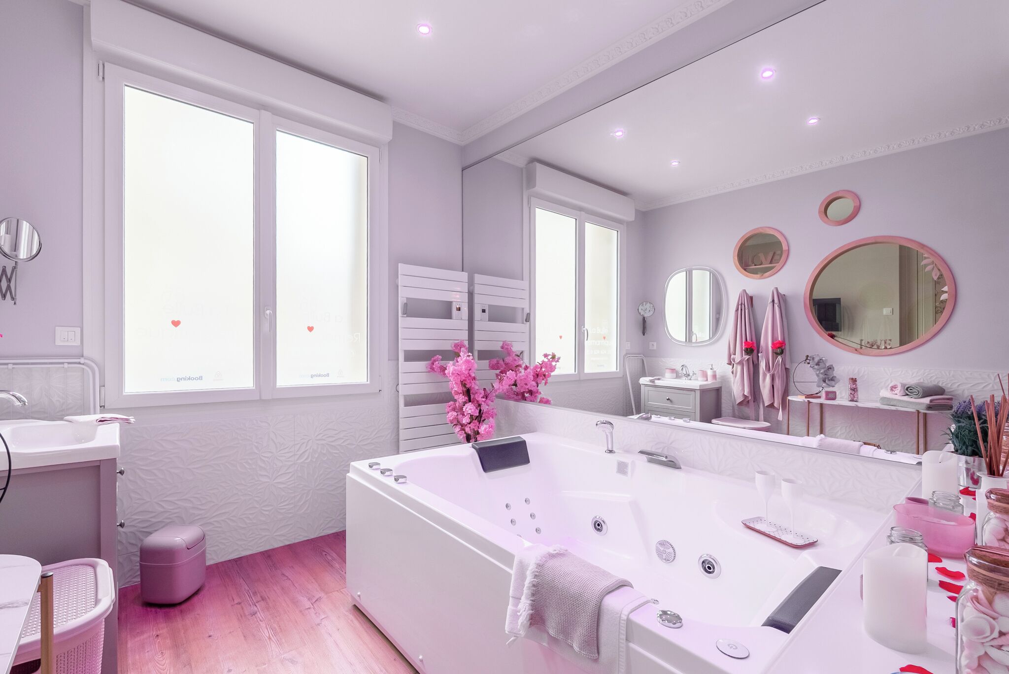 Jetted bath, hair dryer, towels, soap