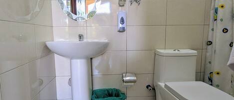 Un baño con lavamanos blanco, inodoro y un cubo de basura verde.