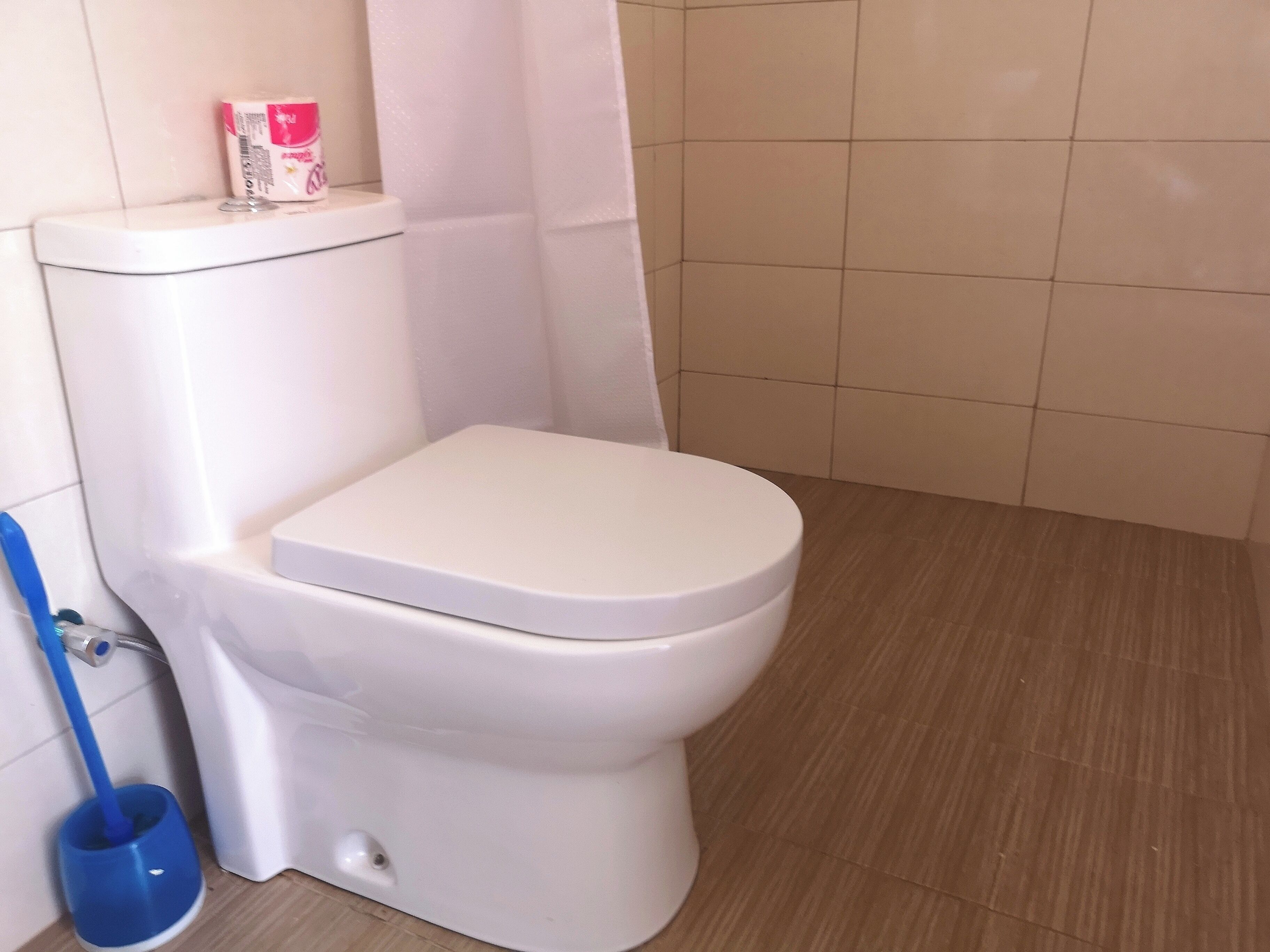 A white toilet with a blue cleaning brush beside it, a roll of toilet paper on the tank, and beige tiled walls.
