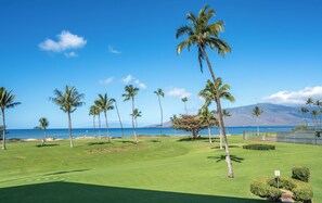 A golf course with a clear view of the ocean and mountains in the background.