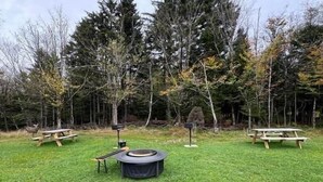 A grassy outdoor area with picnic tables and a fire pit. - Ridgewood 54 - Snowshoe, Short walk to the Powderidge Lift! (Snowshoe)