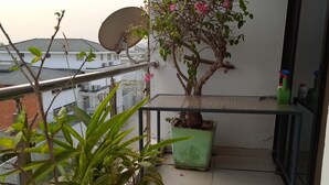 Ein Balkon mit Blumentöpfen, einer Satellitenschüssel und Blick auf Gebäude im Hintergrund.
