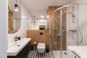 Douche, séchoir à cheveux, serviettes fournies, papier de toilette