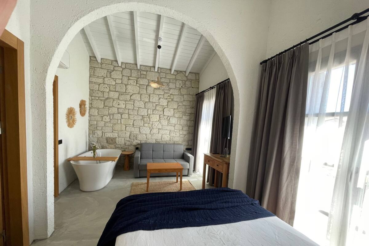 Un dormitorio con una cama grande, pared de piedra, bañera, sofá y televisor.
