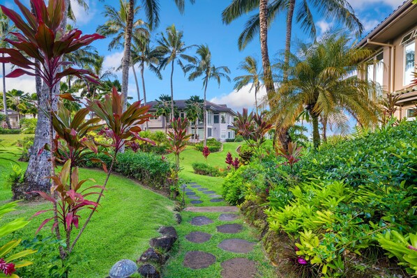A tropical garden with palm trees, a stone pathway, and a two-story house.