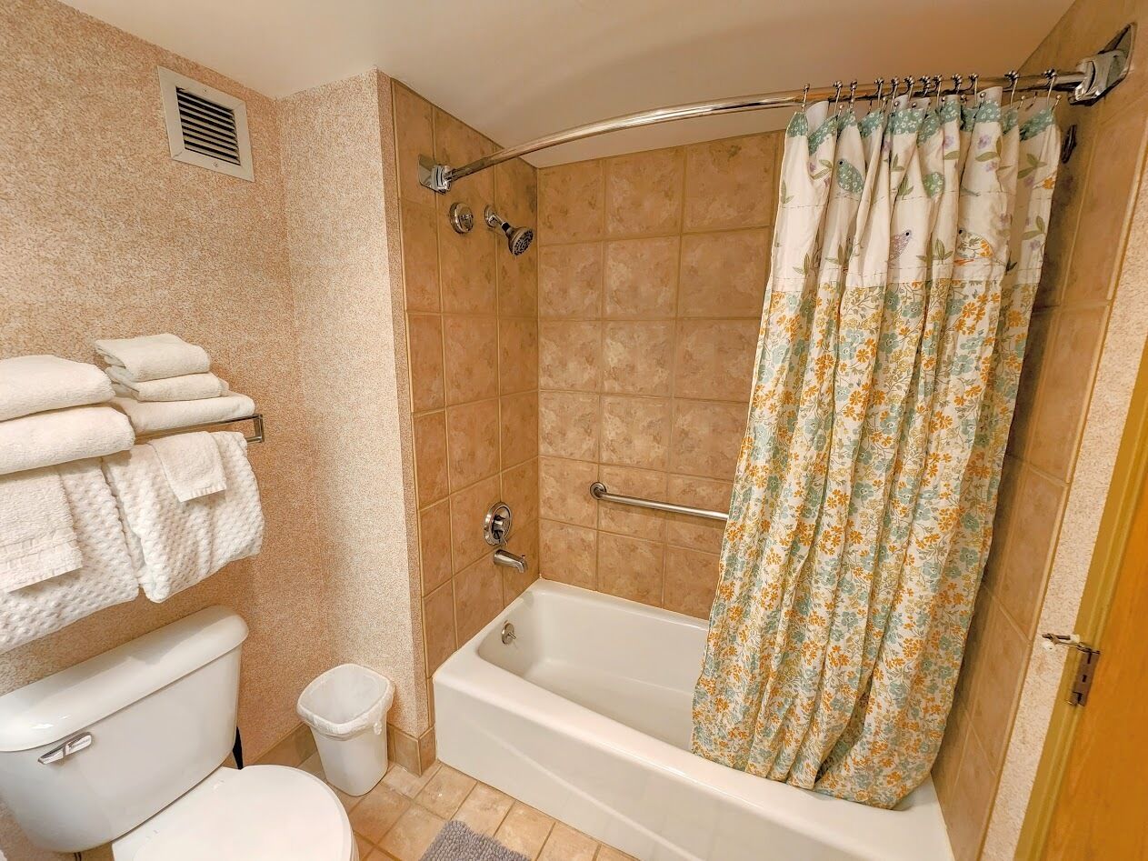 Ein Badezimmer mit einer Badewanne, Toilette und einer Duschvorhang.