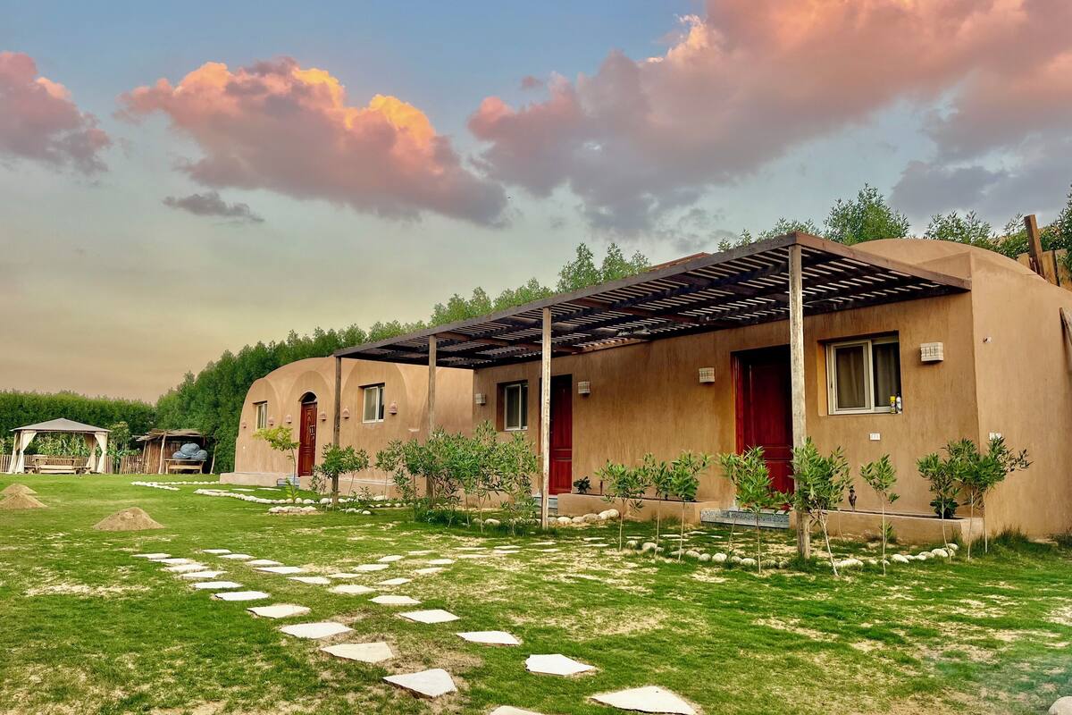 A rustic building with a covered patio, a garden with stepping stones, and a clear sky.
