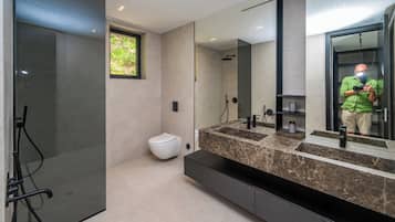 Shower, hair dryer, bidet, towels