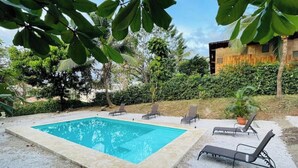 Ein rechteckiger Pool mit vier Liegestühlen und einer Topfpflanze.
