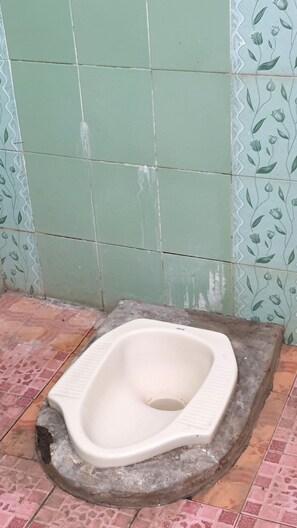 Des toilettes à la turque au design simple, posées sur un sol carrelé composé de carreaux roses et bruns.