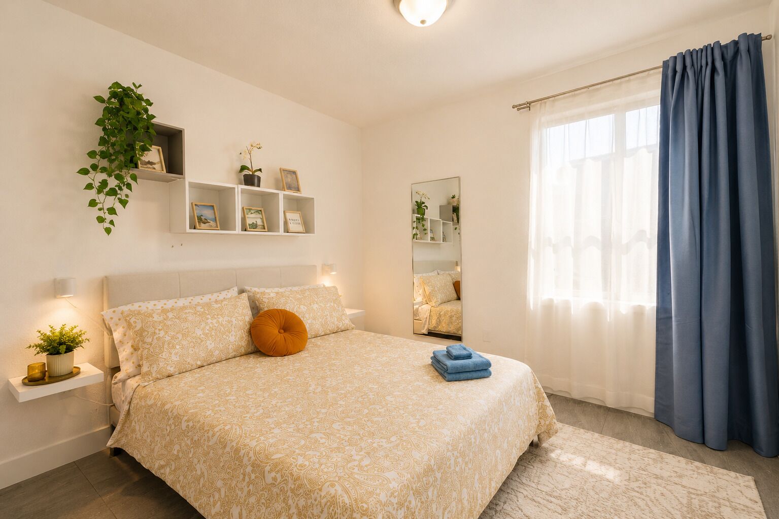 A bedroom with a bed, a bedside table, a mirror, a window with curtains, and wall-mounted shelves with pictures and plants.