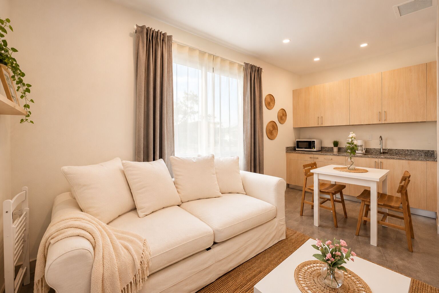A living room with a sofa, a dining table with chairs, a kitchen area with cabinets and appliances, and a window with curtains.