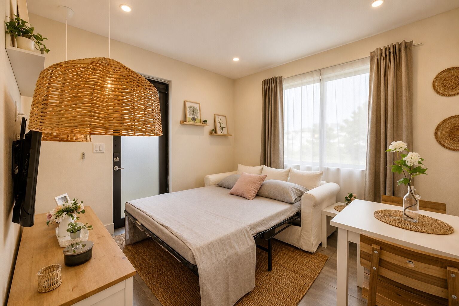 Un dormitorio con cama, mesita de noche, lámpara, ventana, cortinas y adornos en la pared.