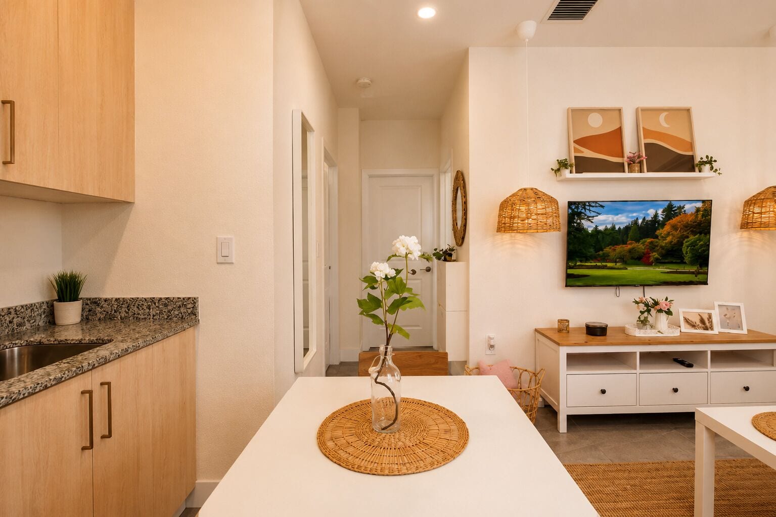 A modern kitchen with granite countertops, wooden cabinets, a white dining table, and a TV mounted on the wall.