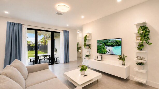 A modern living room with a sofa, coffee table, TV, and shelves with plants. - Avi Lux Stay (Miami)
