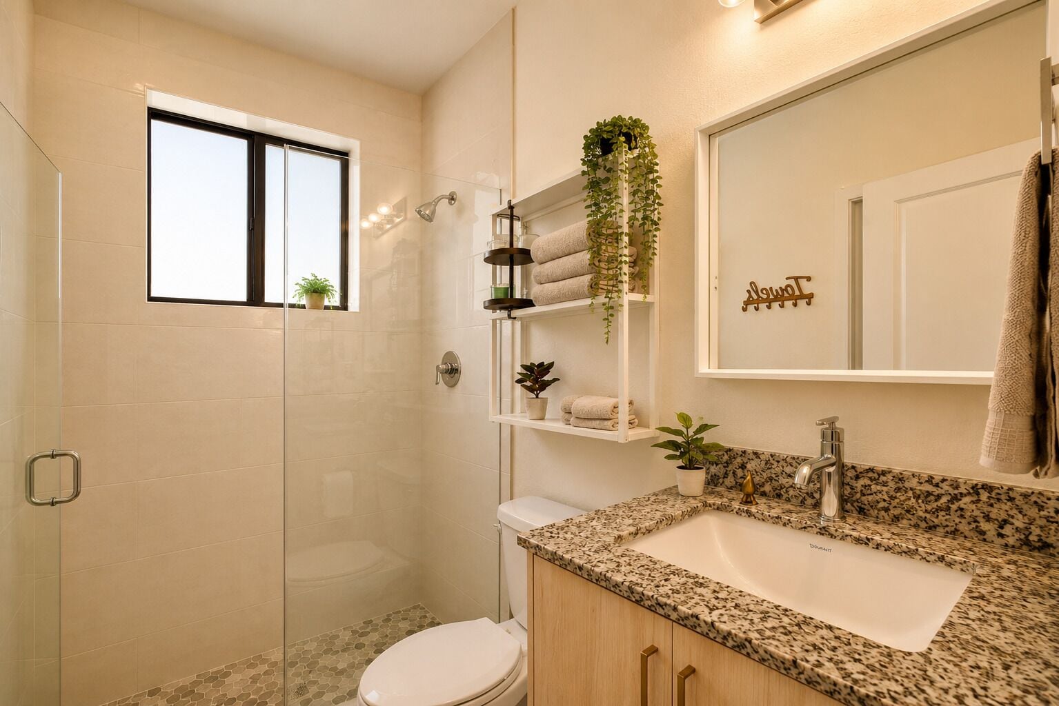 Un baño moderno con cabina de ducha de vidrio, inodoro, lavamanos con encimera de granito y espejo con toallero.