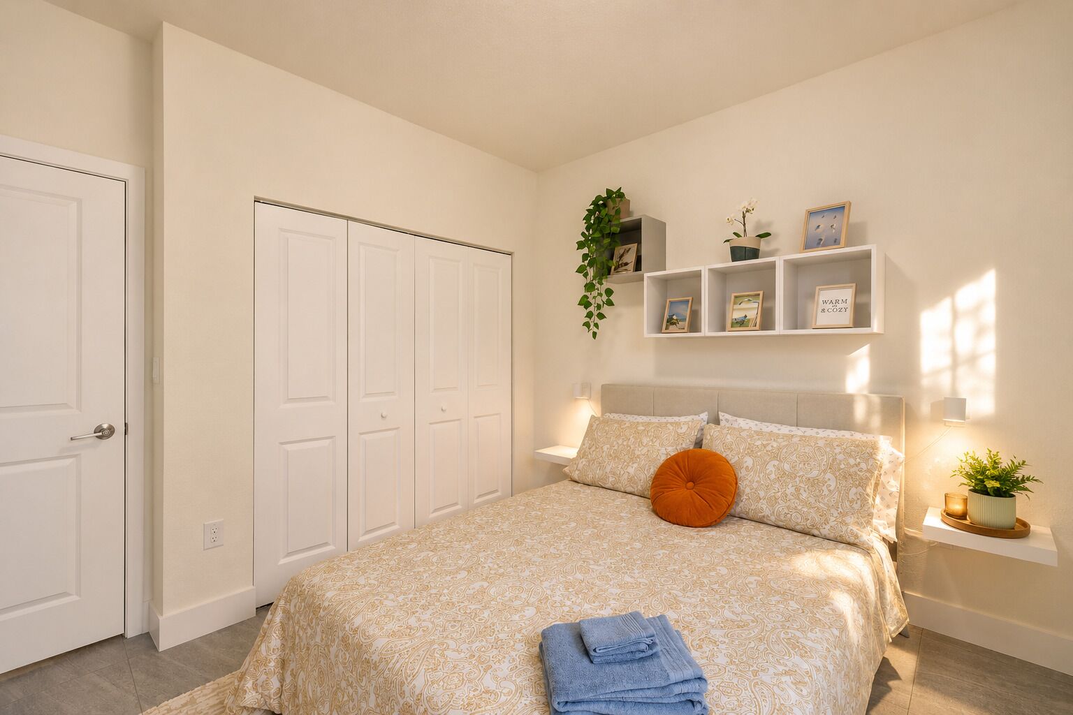 A bedroom with a bed, a nightstand, a shelf with decorative items, and a door.