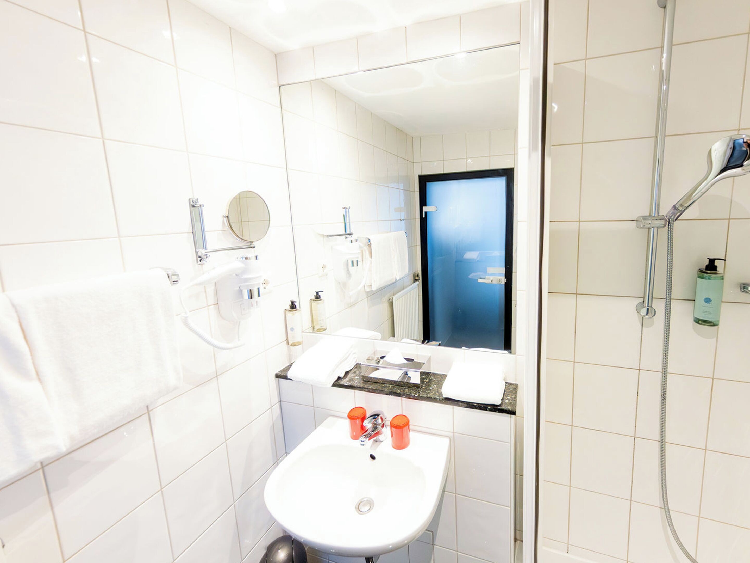 Ein Badezimmer mit Waschbecken, Spiegel, Handtuchhalter und Dusche.