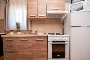 Modern kitchen with a gas stove, stainless steel sink, and refrigerator.