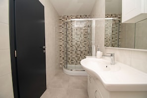 Shower, hair dryer, towels