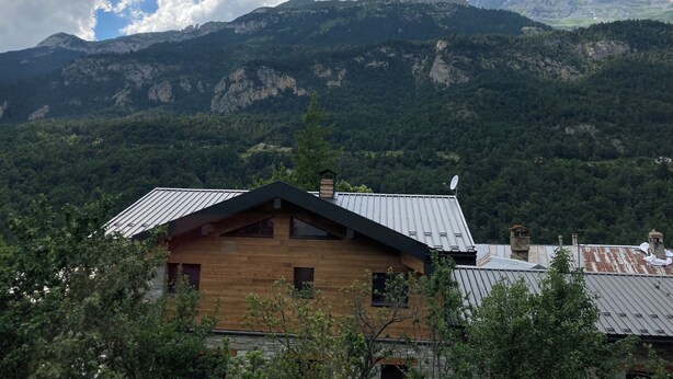 A wooden cabin with a metal roof, surrounded by lush greenery and mountains in the background.
