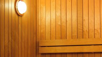 Un sauna en bois avec des bancs et une banquette.