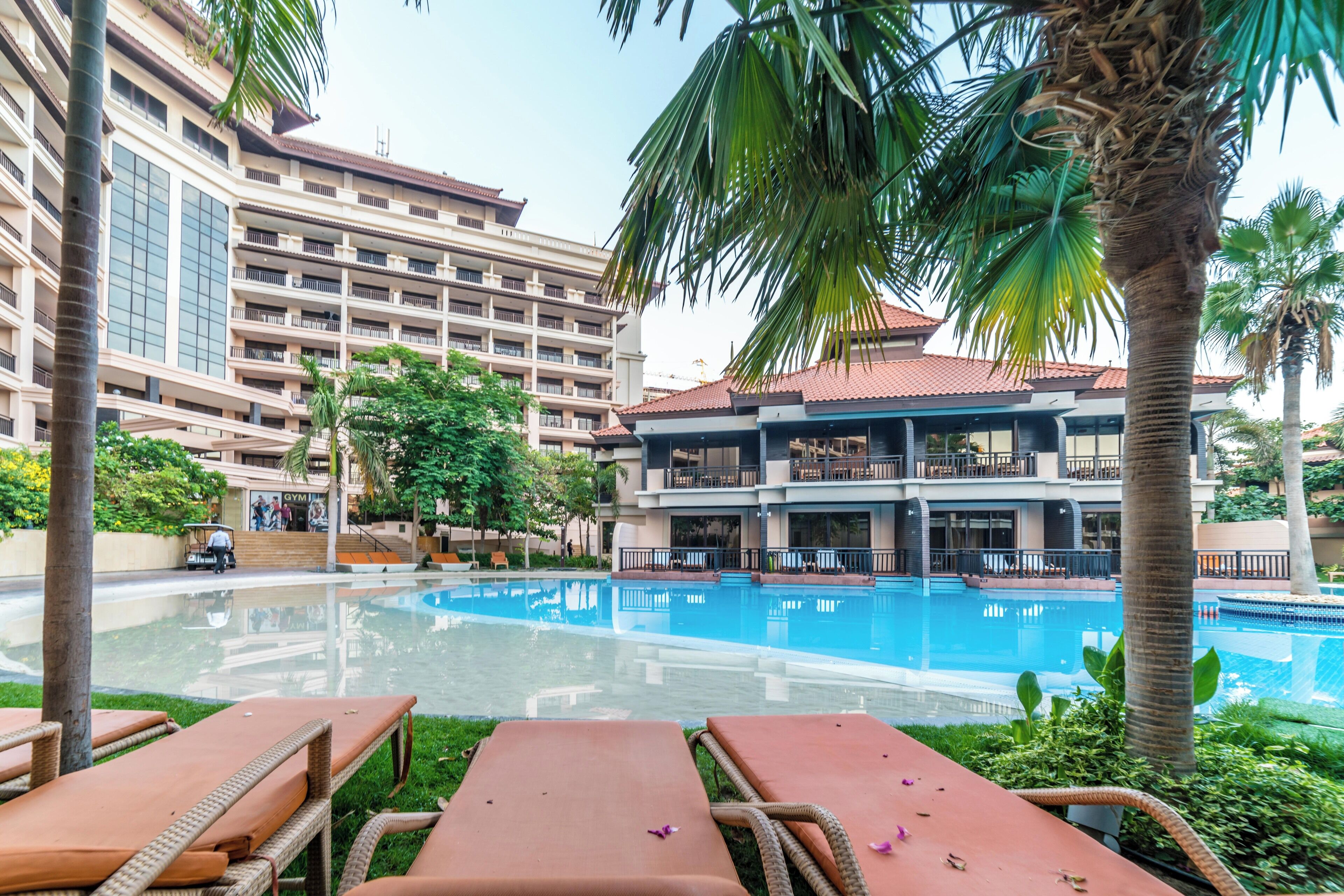 A hotel with a swimming pool, lounge chairs, and palm trees.