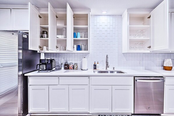 Fridge, microwave, oven, dishwasher