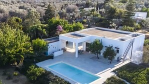 Uma casa moderna com piscina, rodeada por vegetação exuberante e paisagem rochosa.