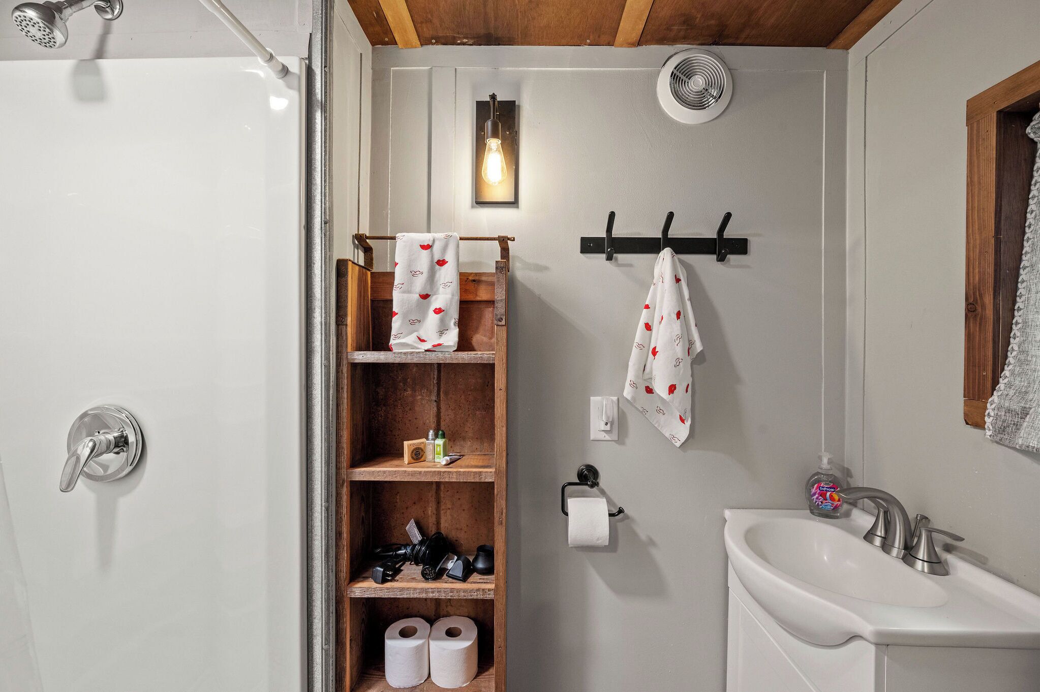 Hair dryer, towels, soap, shampoo