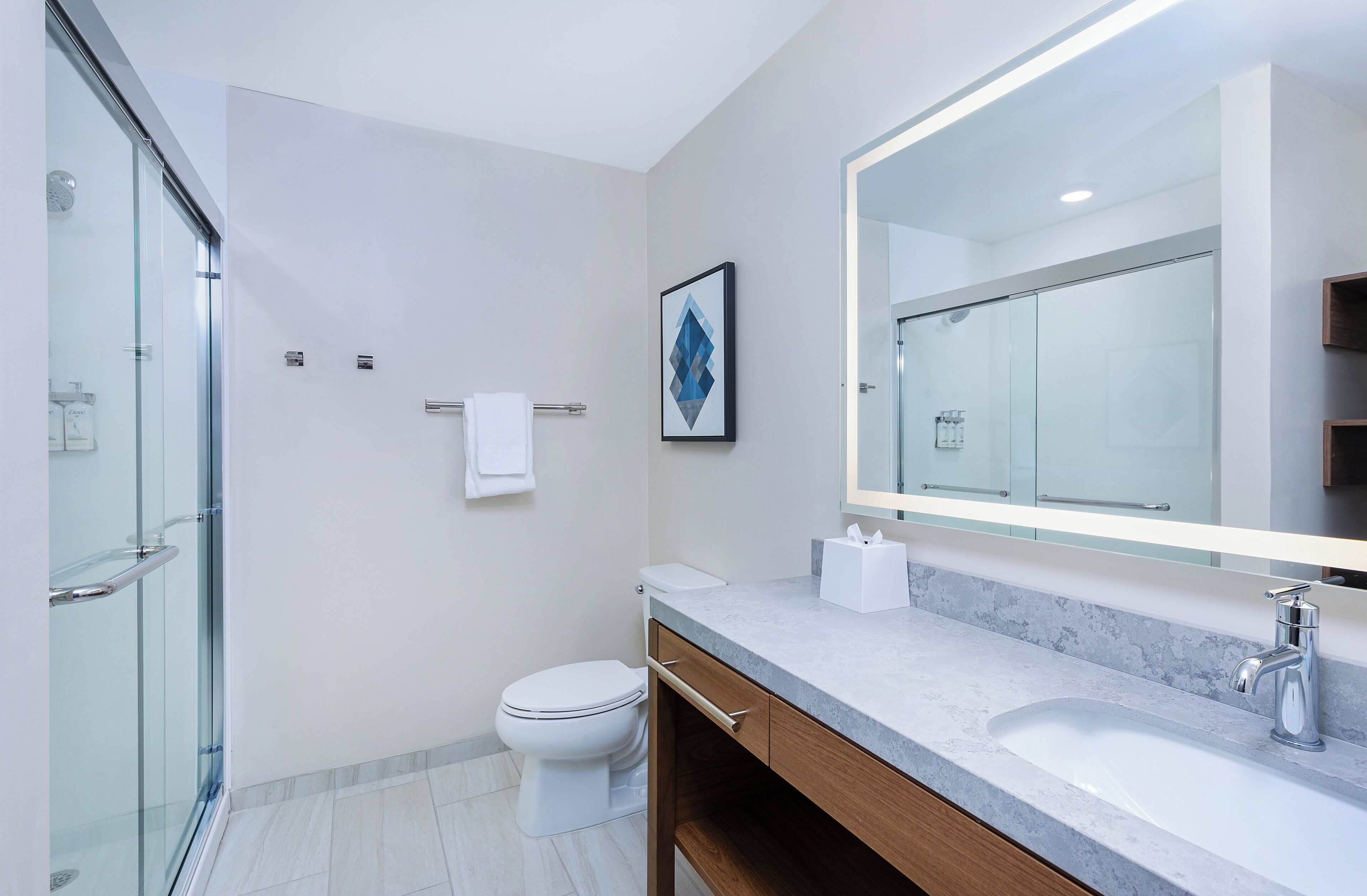 Un baño moderno con cabina de ducha de vidrio, inodoro, lavamanos con espejo grande y un cuadro en la pared.
