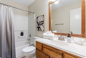 Hair dryer, towels, soap, toilet paper
